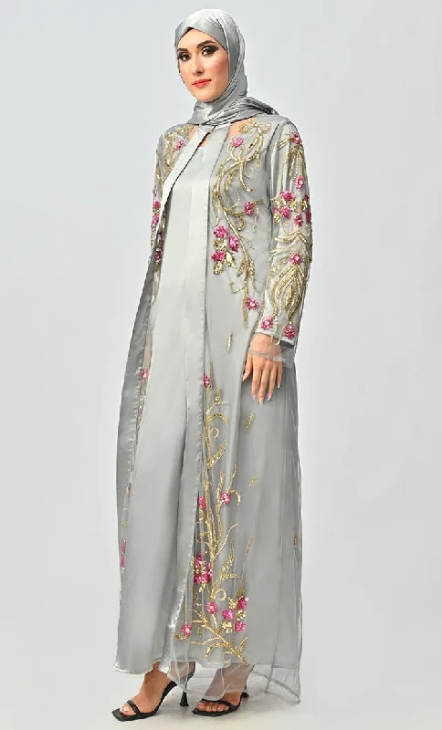 Korean Silver Jewelled All Over Hand Embellished Royal Abaya Dress With Matching Hijab