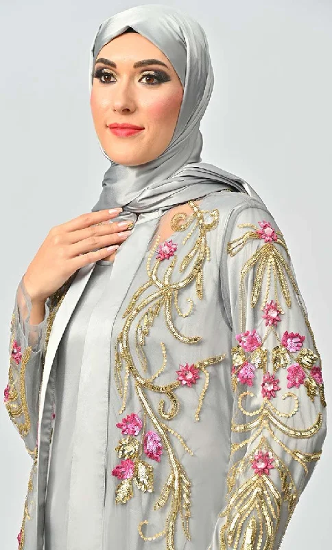 Korean Silver Jewelled All Over Hand Embellished Royal Abaya Dress With Matching Hijab