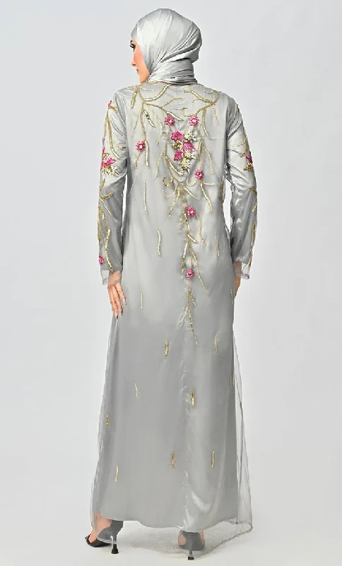 Korean Silver Jewelled All Over Hand Embellished Royal Abaya Dress With Matching Hijab