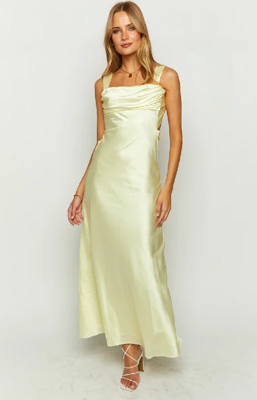 Laria Yellow Satin Formal Maxi Dress