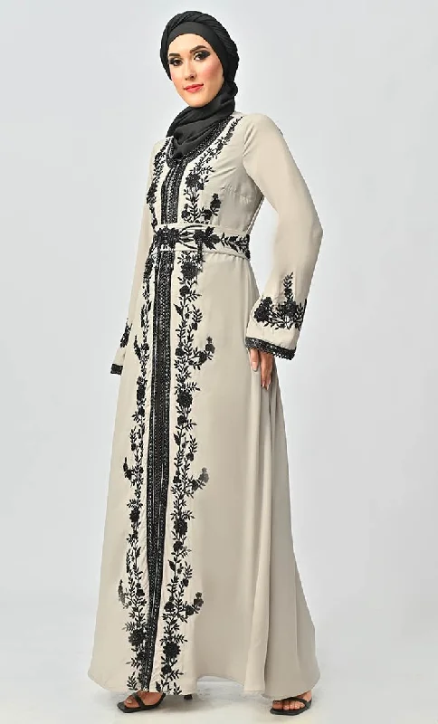 Mexico Style Beautiful Sequins And Zari Work Detailing Abaya With Hijab Belt And Pockets