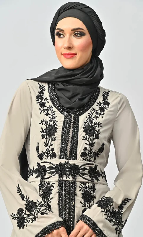 Mexico Style Beautiful Sequins And Zari Work Detailing Abaya With Hijab Belt And Pockets