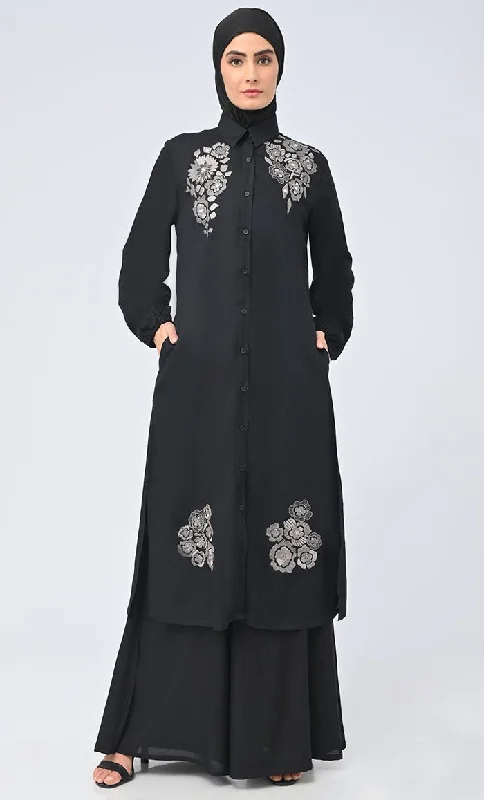 Modest Islamic Button Down Flared Set With Hijab And Pockets