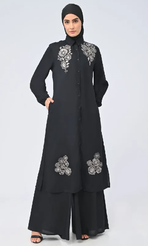 Modest Islamic Button Down Flared Set With Hijab And Pockets