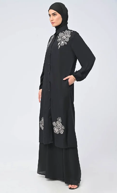 Modest Islamic Button Down Flared Set With Hijab And Pockets