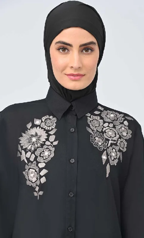 Modest Islamic Button Down Flared Set With Hijab And Pockets