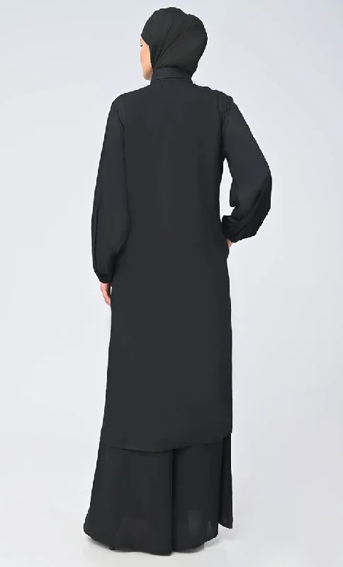 Modest Islamic Button Down Flared Set With Hijab And Pockets