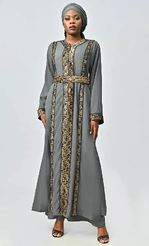 Modest Moroccan Style Abaya With Hand Embroidery And Lace Detailing