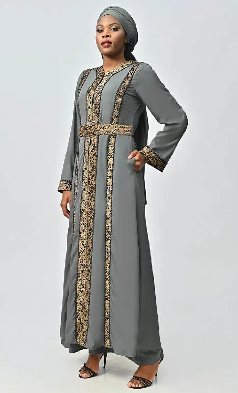 Modest Moroccan Style Abaya With Hand Embroidery And Lace Detailing