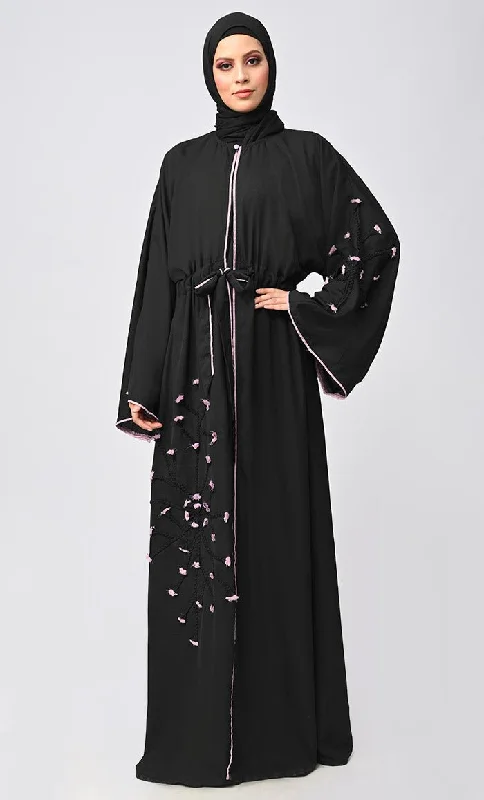 Black Flower Braided Detailing Islamic Abaya With Matching Inner And Belt