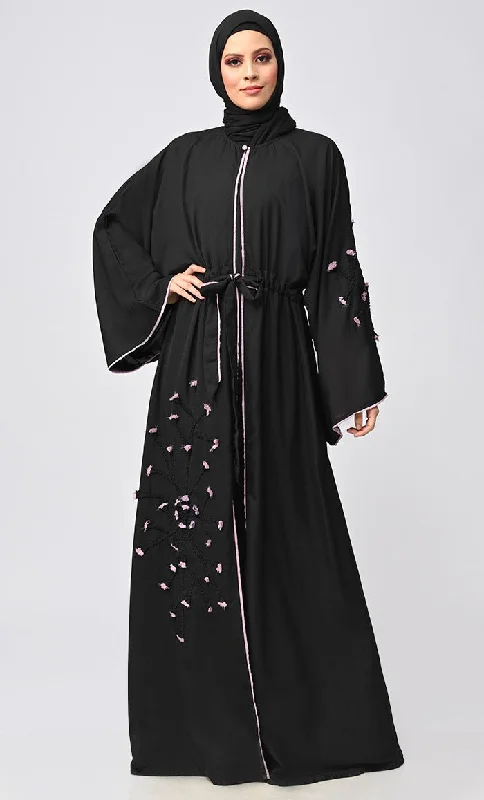 Black Flower Braided Detailing Islamic Abaya With Matching Inner And Belt