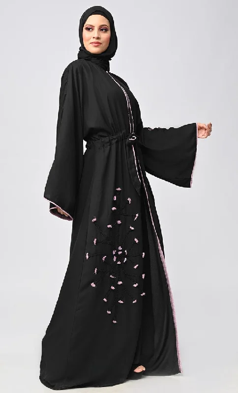 Black Flower Braided Detailing Islamic Abaya With Matching Inner And Belt