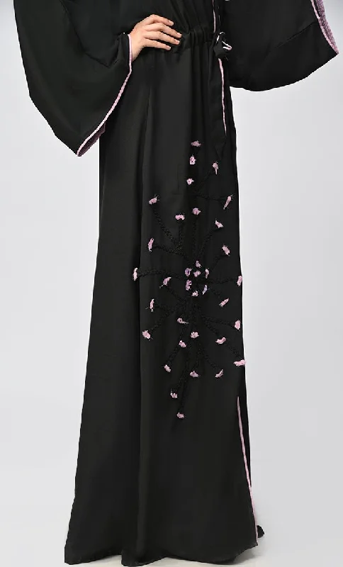 Black Flower Braided Detailing Islamic Abaya With Matching Inner And Belt