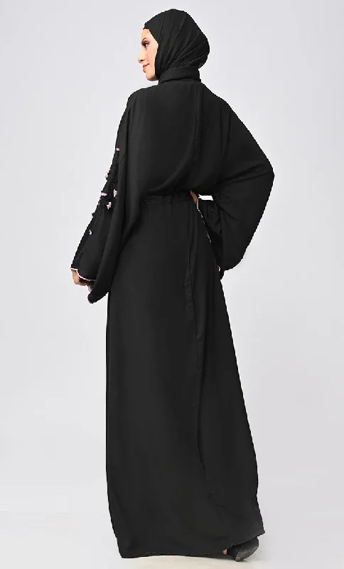 Black Flower Braided Detailing Islamic Abaya With Matching Inner And Belt