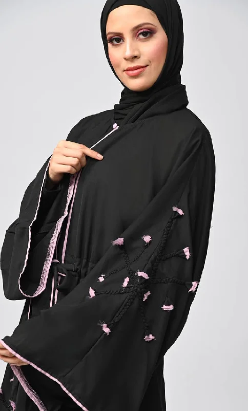 Black Flower Braided Detailing Islamic Abaya With Matching Inner And Belt