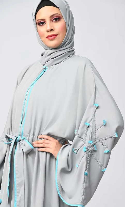 Grey Flower Braided Detailing Islamic Abaya With Matching Inner And Belt