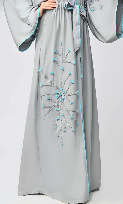 Grey Flower Braided Detailing Islamic Abaya With Matching Inner And Belt