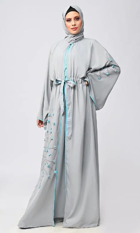 Grey Flower Braided Detailing Islamic Abaya With Matching Inner And Belt