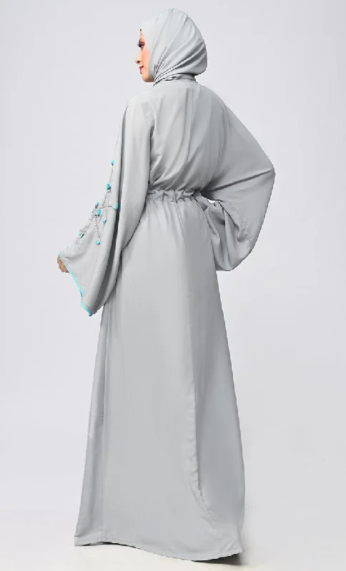 Grey Flower Braided Detailing Islamic Abaya With Matching Inner And Belt