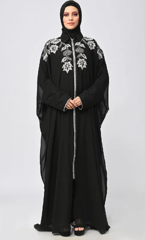 New Islamic Black Kaftan Style Abaya With Front Zipper