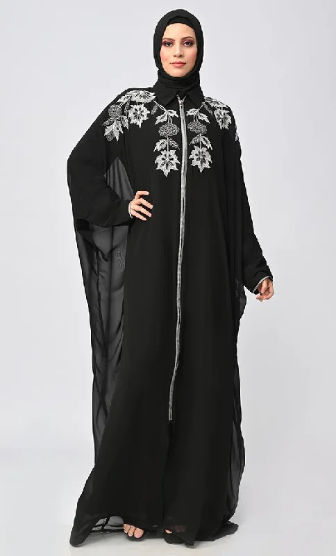 New Islamic Black Kaftan Style Abaya With Front Zipper