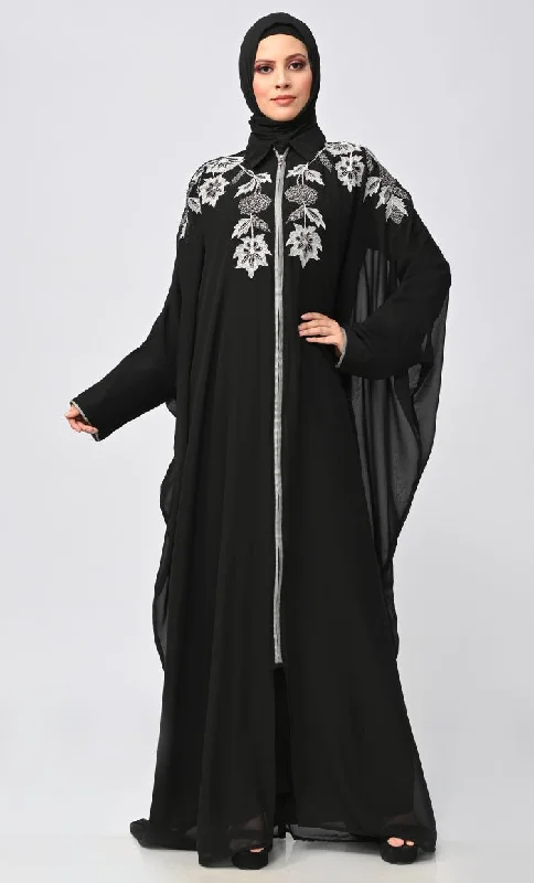 New Islamic Black Kaftan Style Abaya With Front Zipper