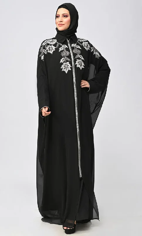 New Islamic Black Kaftan Style Abaya With Front Zipper