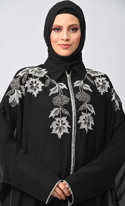 New Islamic Black Kaftan Style Abaya With Front Zipper