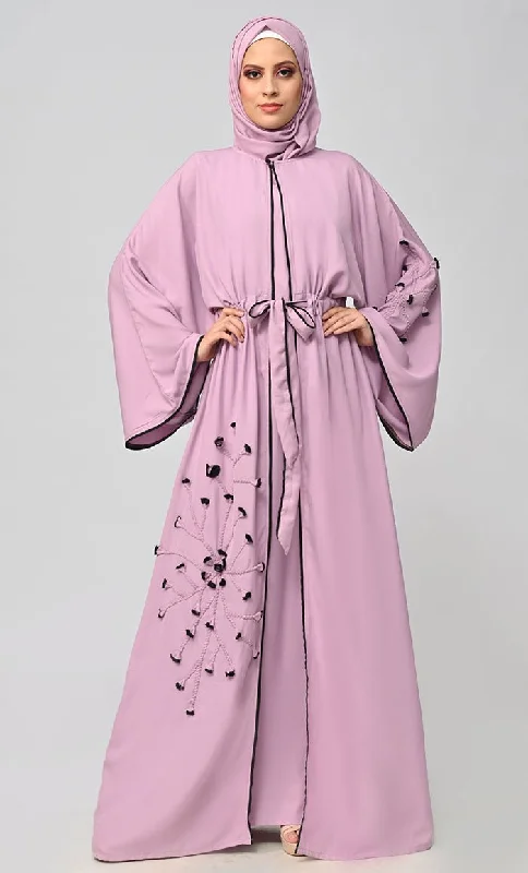 Lavender Flower Braided Detailing Islamic Abaya With Matching Inner And Belt