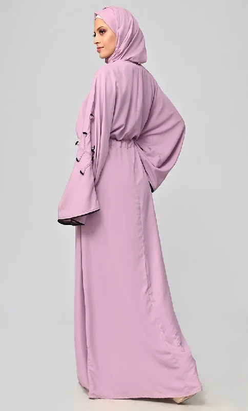 Lavender Flower Braided Detailing Islamic Abaya With Matching Inner And Belt