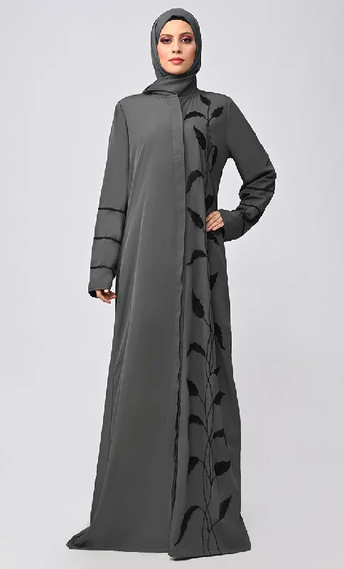 Arabic Grey Enchantress Embroidered Abaya With Pockets