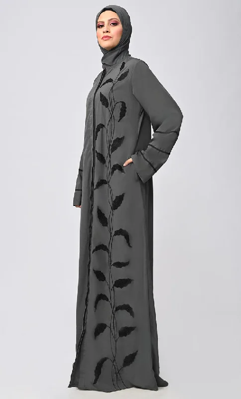 Arabic Grey Enchantress Embroidered Abaya With Pockets