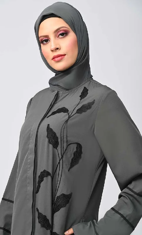 Arabic Grey Enchantress Embroidered Abaya With Pockets