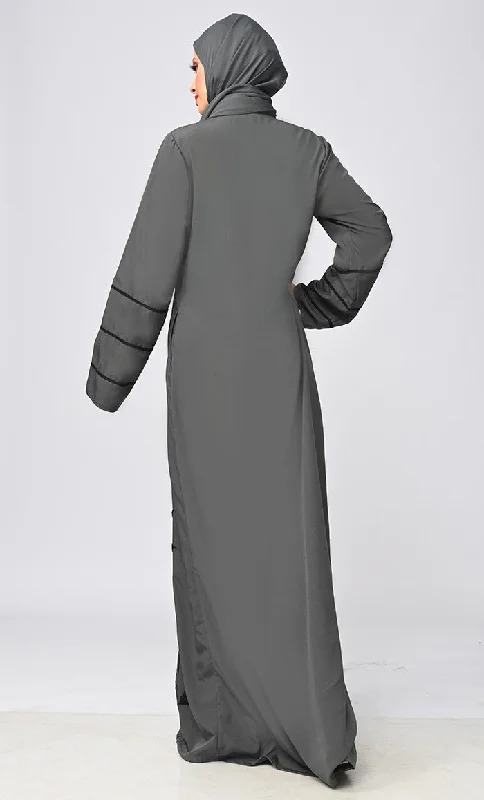 Arabic Grey Enchantress Embroidered Abaya With Pockets