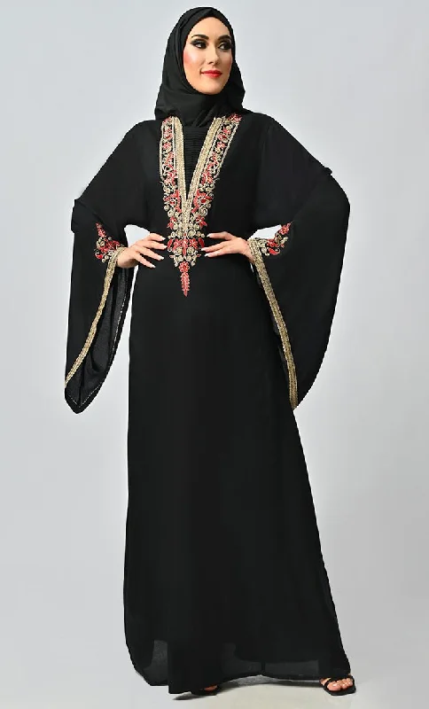 Noor Islamic Golden Red Embroidered Abaya