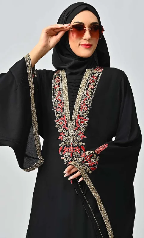 Noor Islamic Golden Red Embroidered Abaya