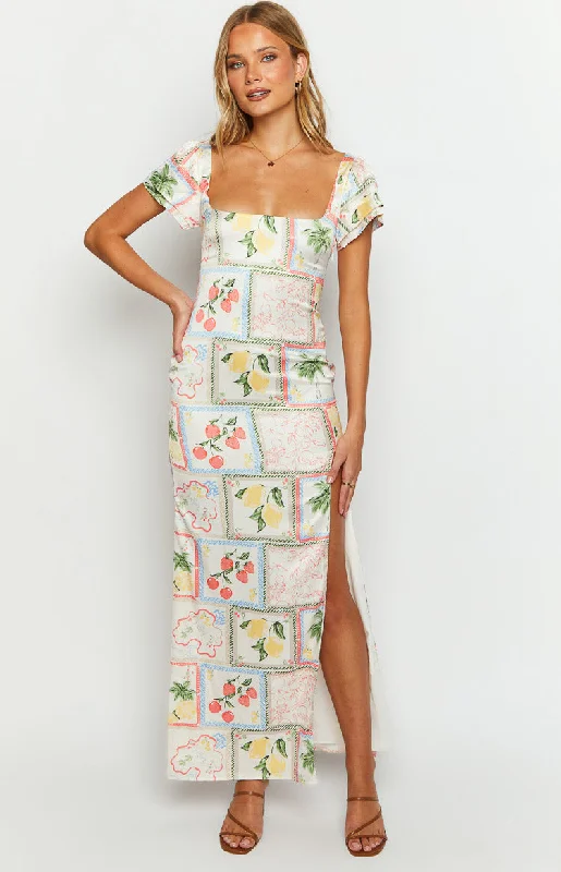 Nori White Satin Roma Print Maxi Dress