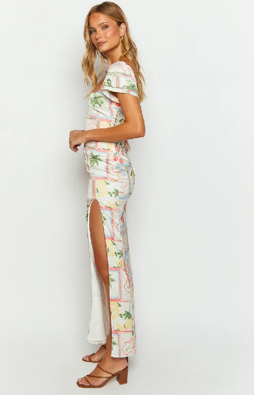 Nori White Satin Roma Print Maxi Dress