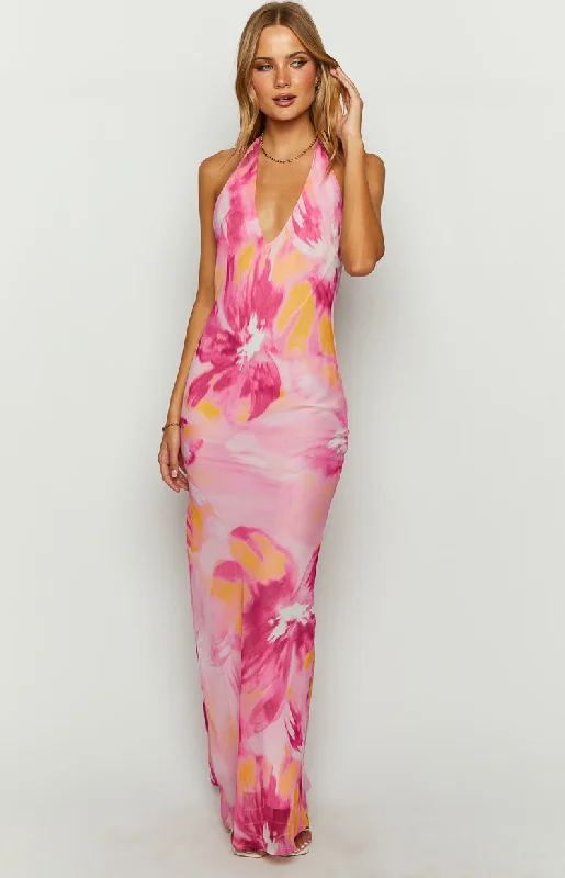 Orleans Pink Hibiscus Print Maxi Dress