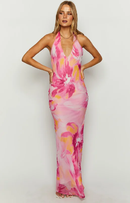 Orleans Pink Hibiscus Print Maxi Dress