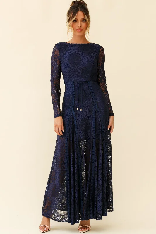 Palm Springs Long Sleeve Lace Overlay Maxi Dress Navy