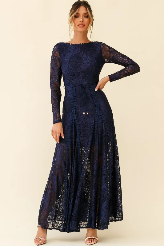 Palm Springs Long Sleeve Lace Overlay Maxi Dress Navy