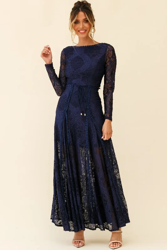 Palm Springs Long Sleeve Lace Overlay Maxi Dress Navy