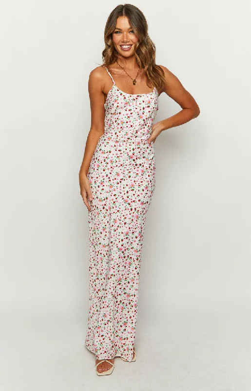 Renesmee White Floral Satin Maxi Dress