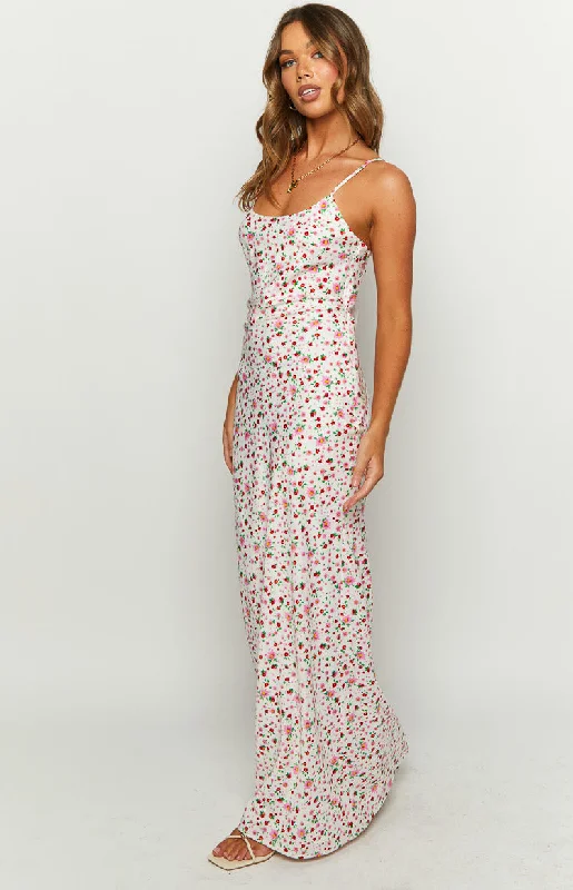 Renesmee White Floral Satin Maxi Dress