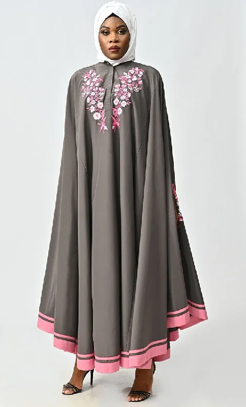 Saara Islamic Embroidered Detailing Flared Kaftan Abaya