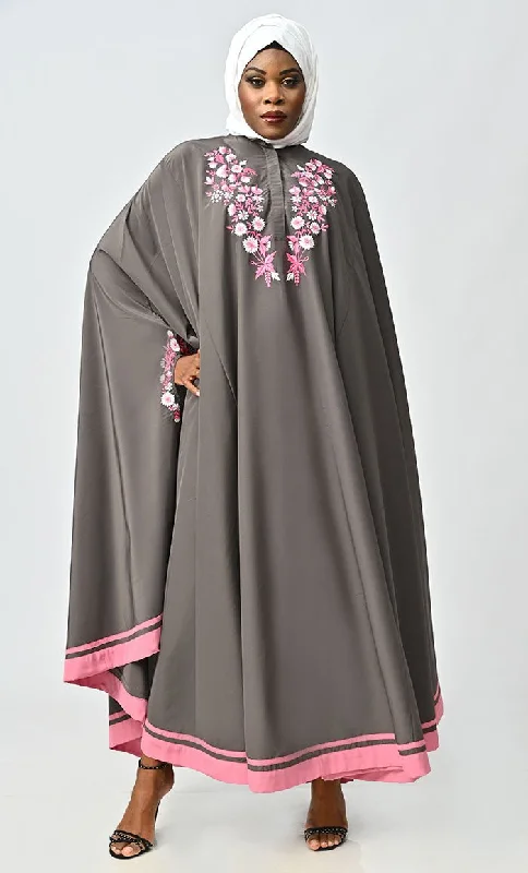 Saara Islamic Embroidered Detailing Flared Kaftan Abaya