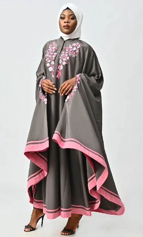 Saara Islamic Embroidered Detailing Flared Kaftan Abaya