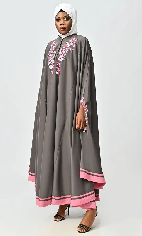 Saara Islamic Embroidered Detailing Flared Kaftan Abaya