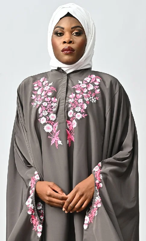 Saara Islamic Embroidered Detailing Flared Kaftan Abaya